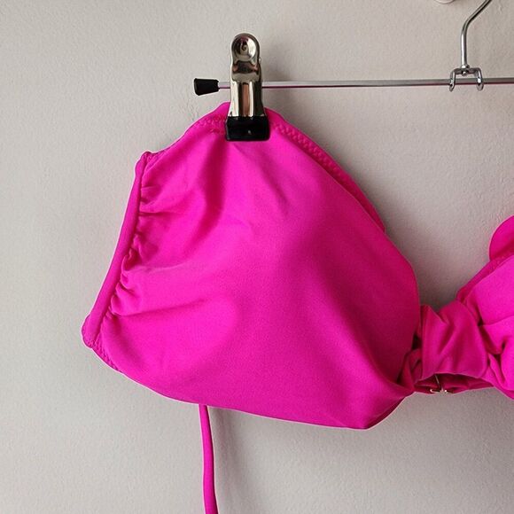 Vanilla Beach Scalloped Bikini Swim Top | Hot Pink Halter Tie Neck Ruched NWT - Picture 2 of 9